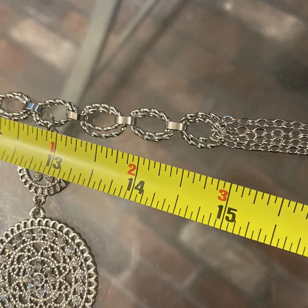 WHBM - silver tone bib necklace w 5 large & small rhinestone discs, multi chains - Picture 6 of 16
